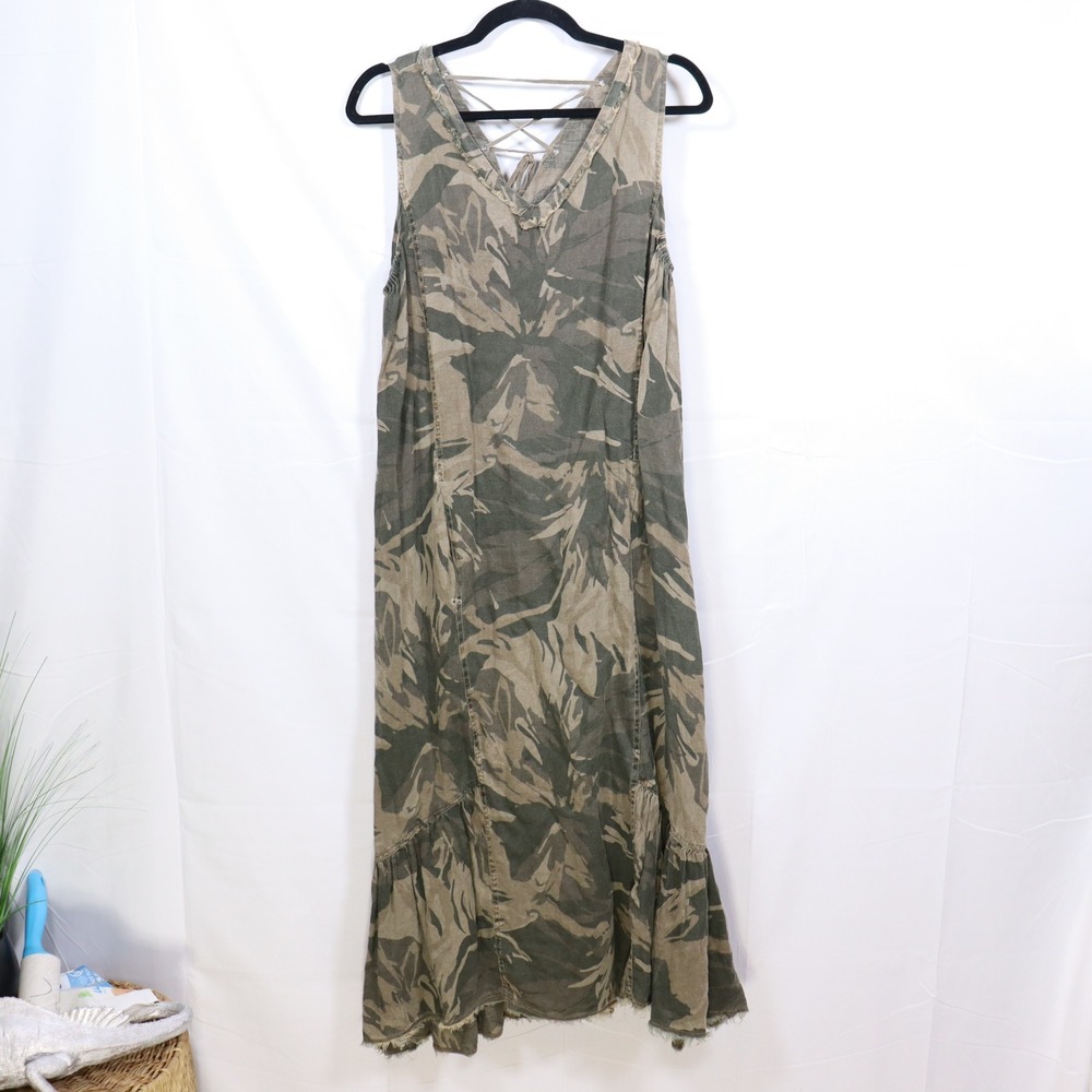 XCVI Camo Linen Maxi Dress L Green Womens Gorpcore Boho